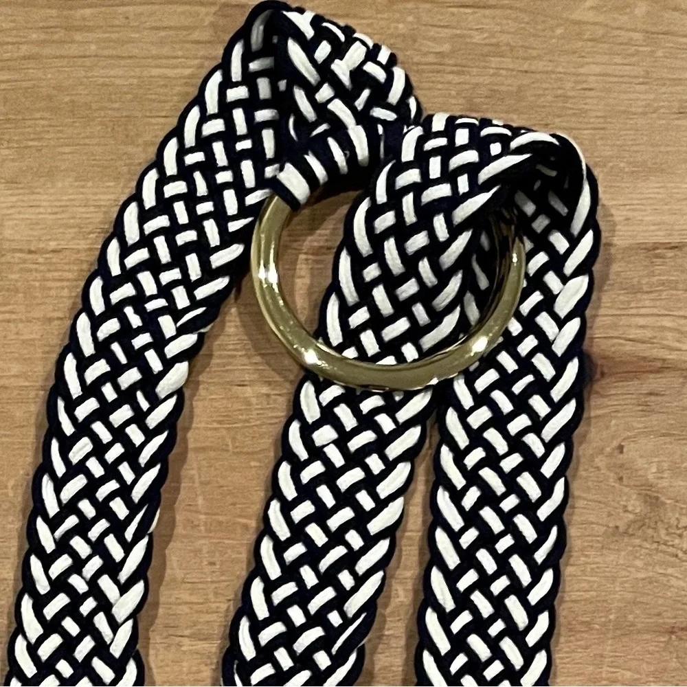 Blue & White Braided Fringe Gold Hardware Buckle belt Western Boho Casual OS - Picture 2 of 6